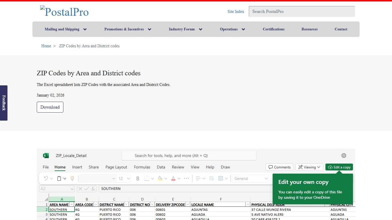 ZIP Codes by Area and District codes PostalPro
